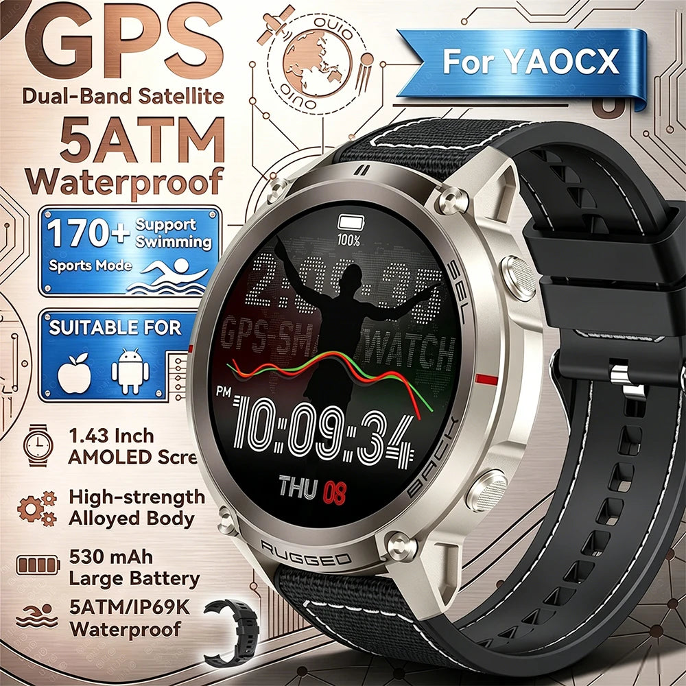 2026 New Outdoor GPS Smart Watch Map Compass Navigation 5ATM Waterproof Bluetooth Call 100+Sport Mode Men AMOLED HD Smart Watch