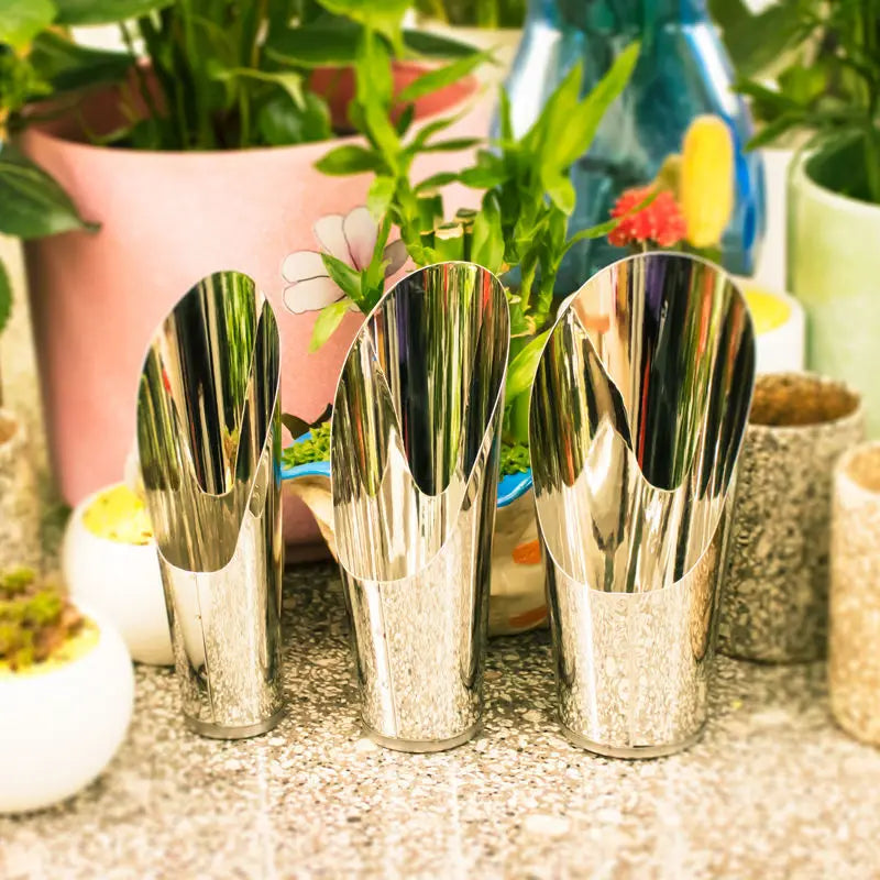 Stainless steel shovel scoop heads with narrow oval openings, three-piece set