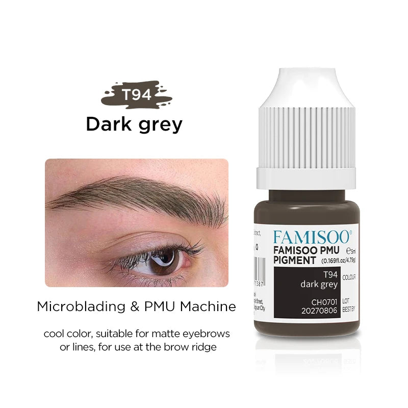 Eyebrow Tattoo Ink - Professional 5ml Microblading Pigment for PMU Machines Permanent Makeup Machines T94 Dark grey Tidesmit