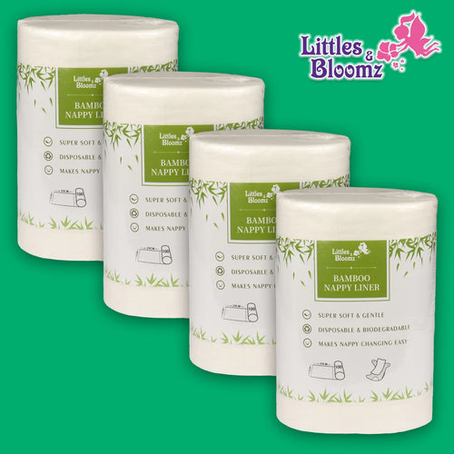 4 rolls of Littles & Bloomz disposable bamboo baby nappy liners, 100 count each. Soft, biodegradable baby care supplies.