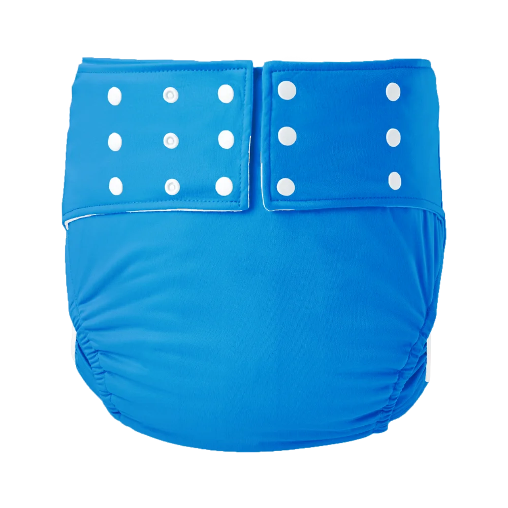 Blue reusable cloth baby diaper with adjustable snap closures for a customizable fit.
