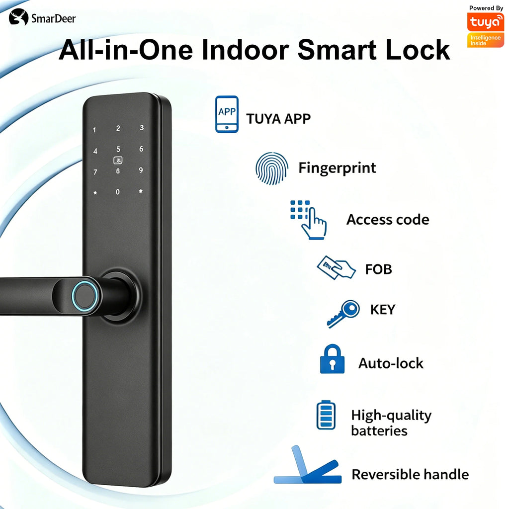 SmarDeer Indoor 5-in-1 Intelligent Door Lock,Tuya WIFI Fingerprint Lock，Keyless Entry Smart Electronic Door Lock for Home