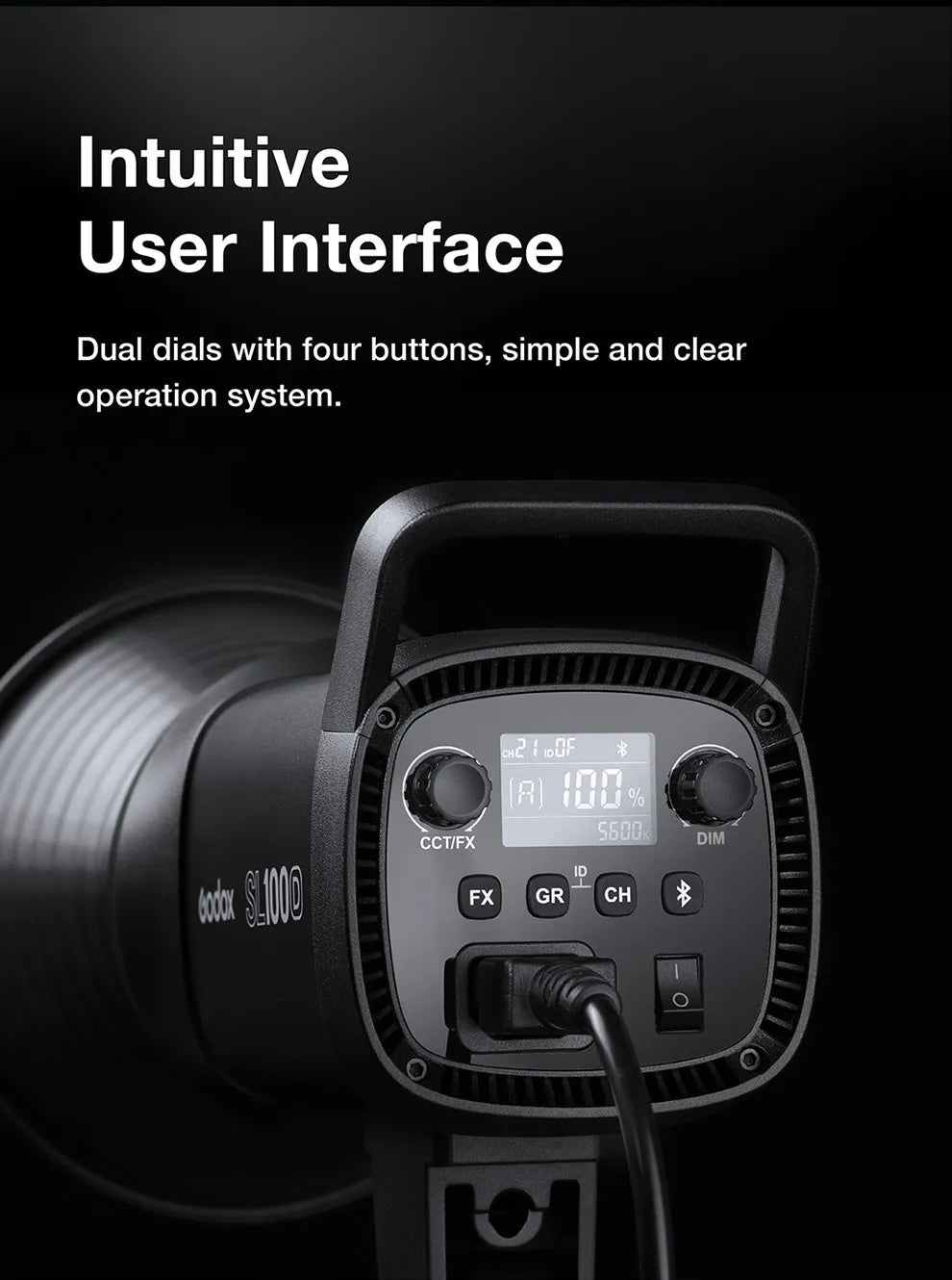 SL100D LED video light back panel featuring a digital display, two control dials, four setting buttons, and power port.