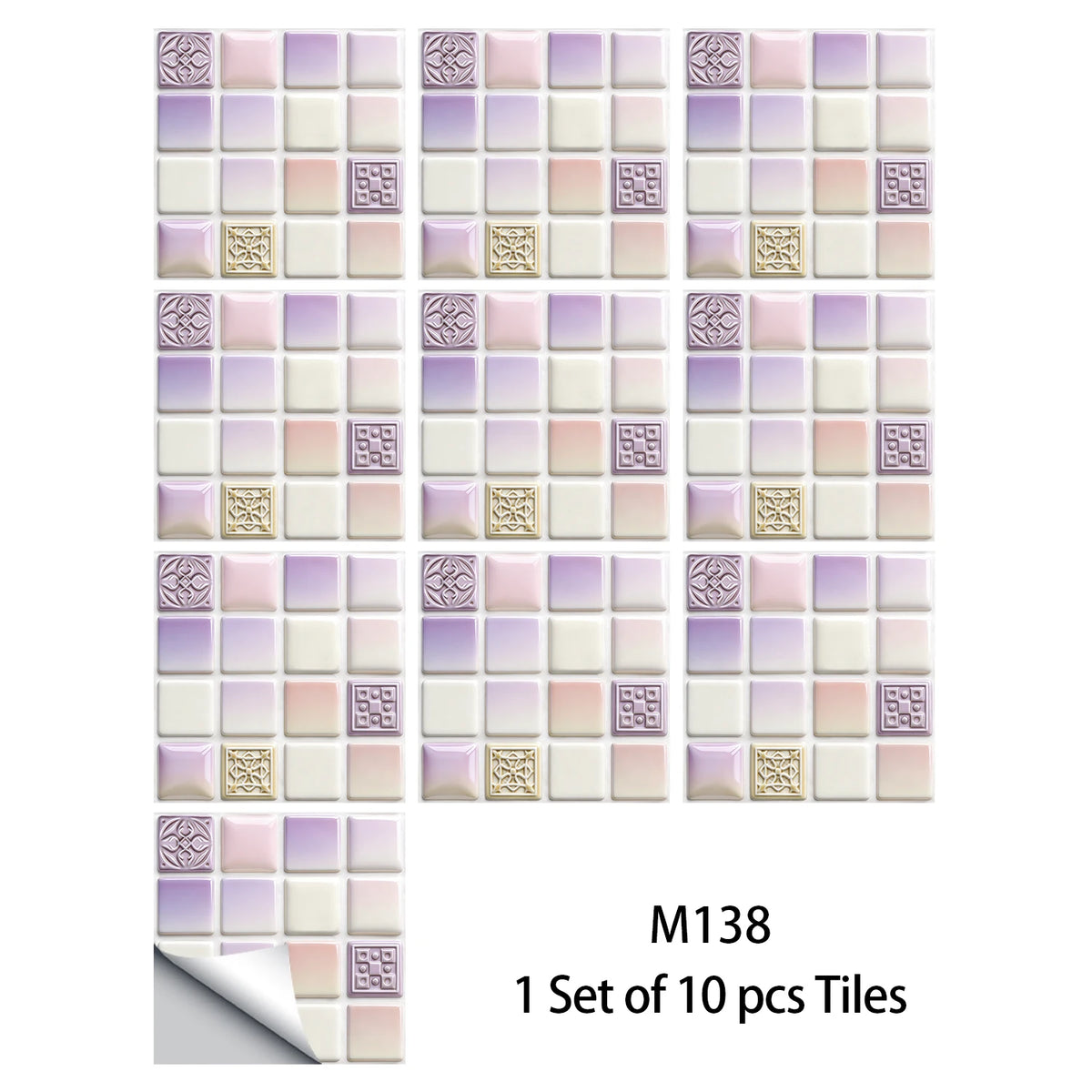 Pink, lavender, and white square mosaic tile sticker set sheet with gold and gray accents