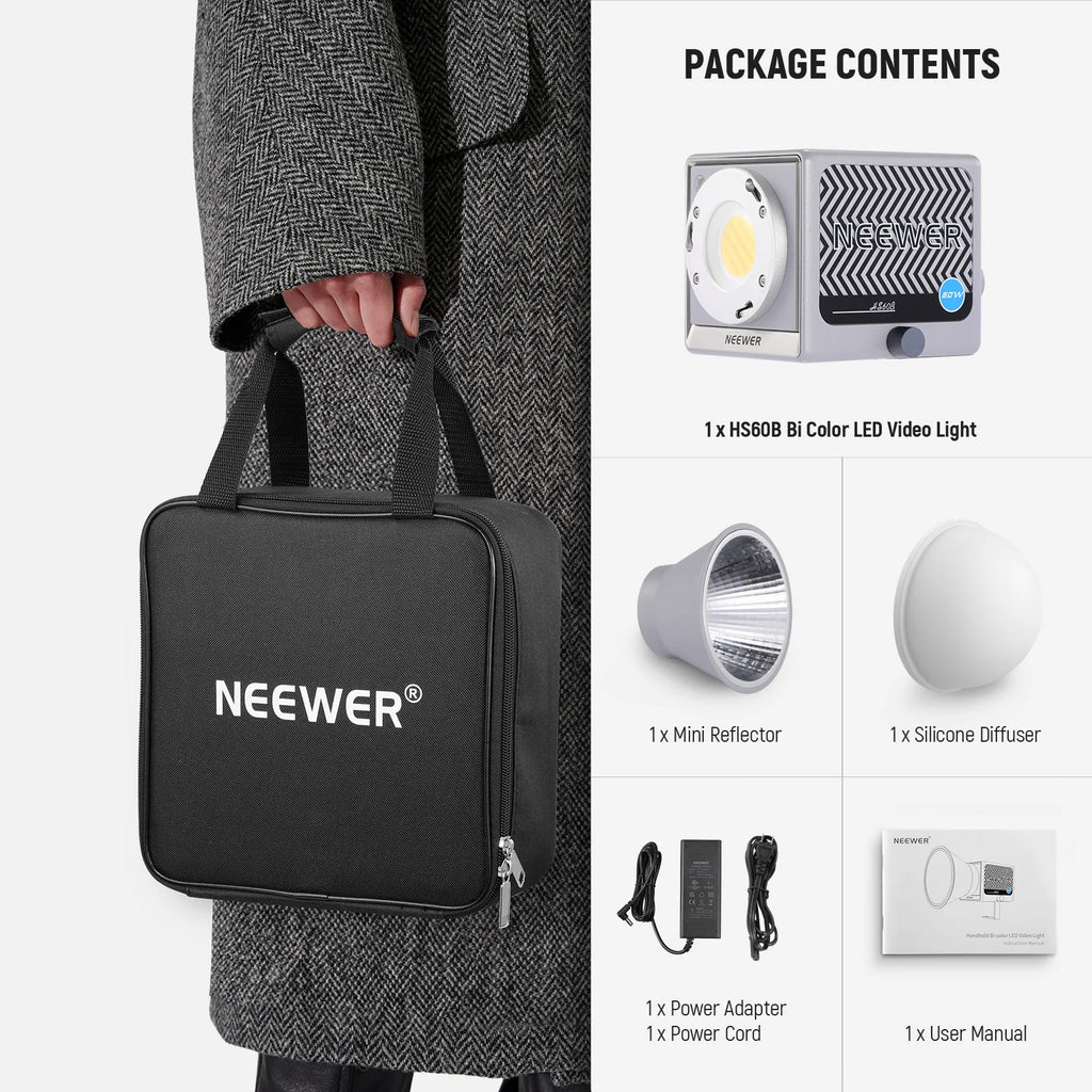 HS60B bi-color LED video light kit with carry bag, reflector, silicone diffuser, power adapter, and user manual.