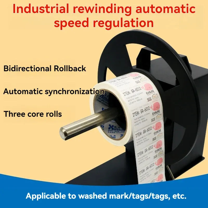 Automatic rewinding machine with large dual roller housing and labeled paper roll