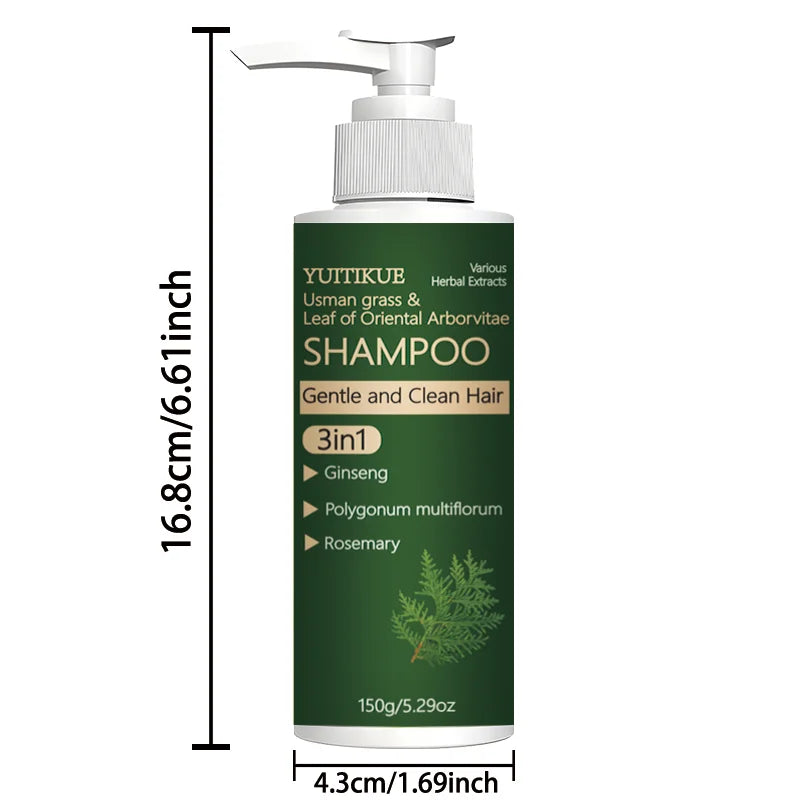 Usman Grass and Oriental Cedar Leaf Shampoo, strengthens hair roots, controls oil, cleanses the scalp, and promotes hair growth