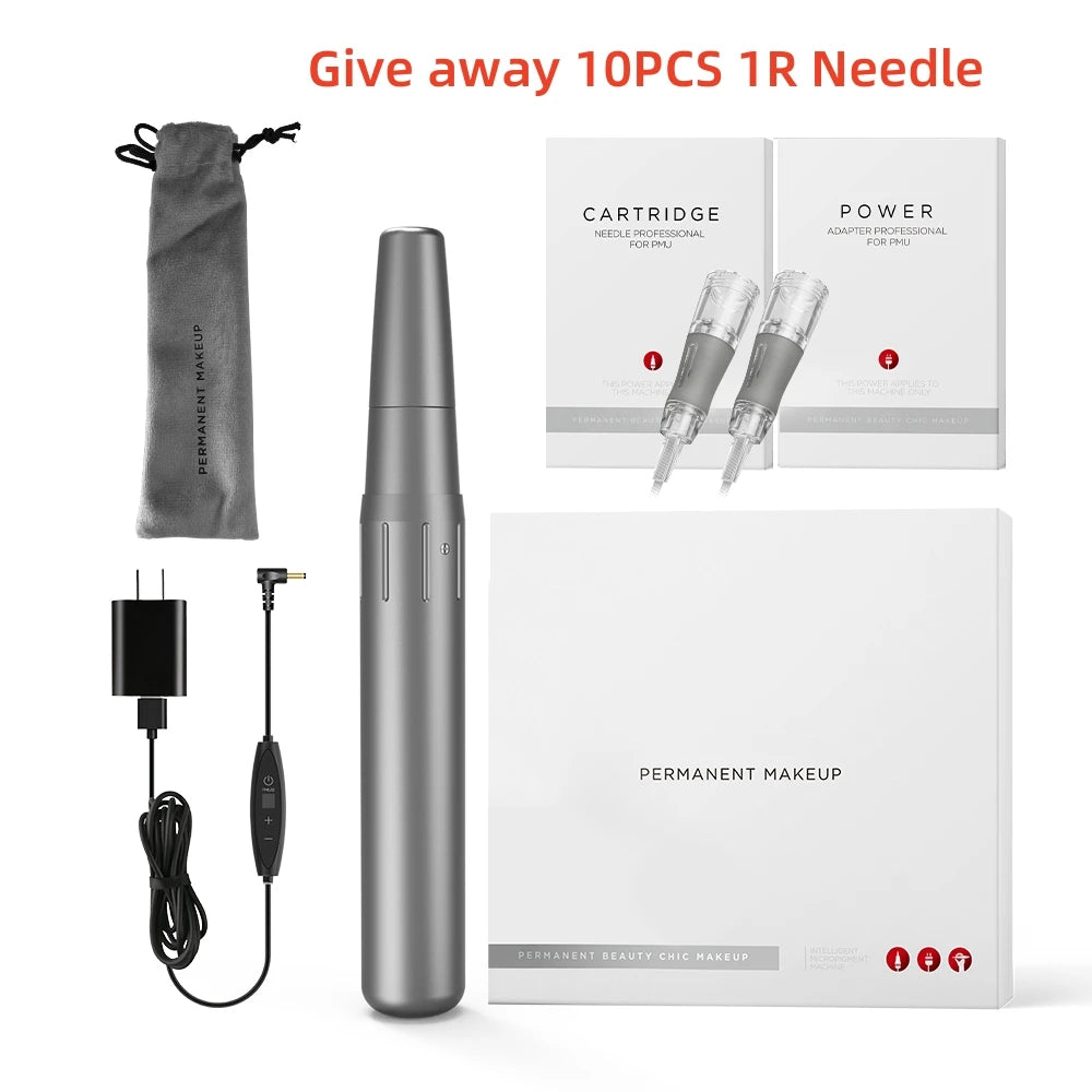 Grey permanent makeup pen kit with power cord, needle cartridges, storage pouch, and packaging box.