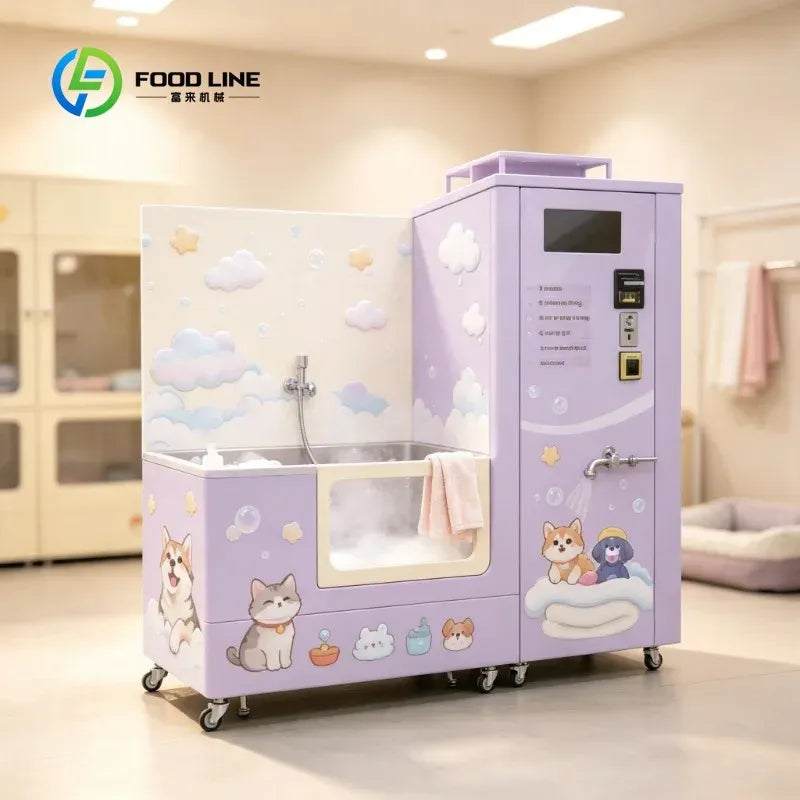 Self service dog wash machine in pastel purple with cloud backdrop, tub, and cute animal graphics on wheels.