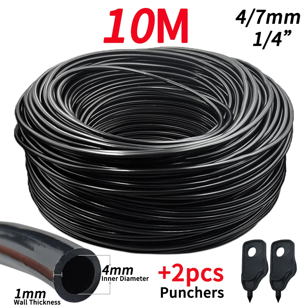 Black 4/7mm drip irrigation hose coil with 1mm wall punchers, 10m length