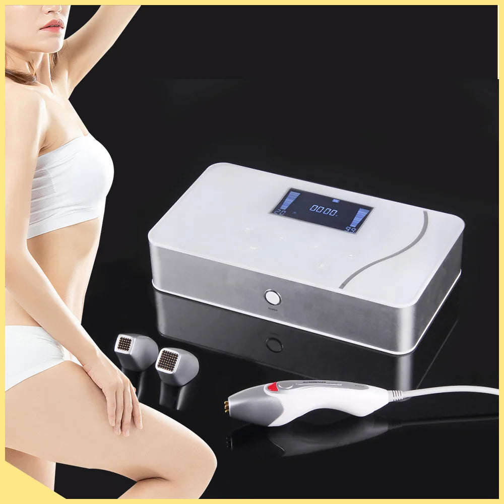 Korean Dot Matrix RF skin lifting device with digital display, handheld wand, and interchangeable treatment heads.