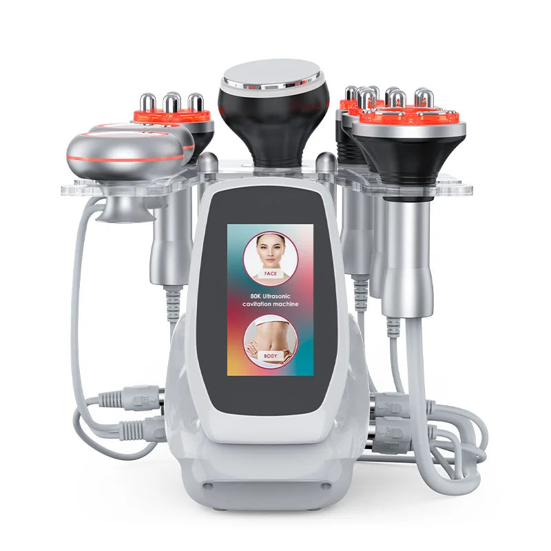6-in-1 ultrasonic cavitation machine with 80KHz RF, touchscreen display, and six body sculpting therapy probes.