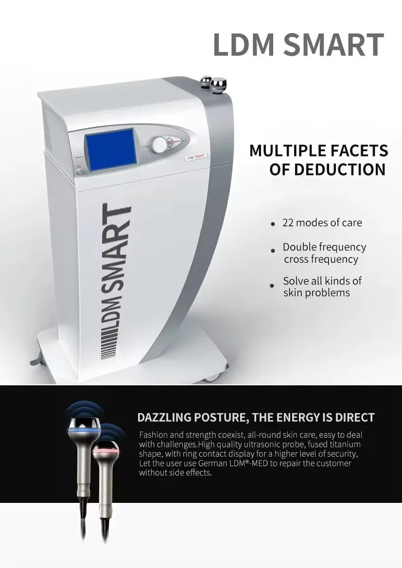 LDM Smart white and grey clinical skin treatment machine on wheels with digital display and two handheld probes.