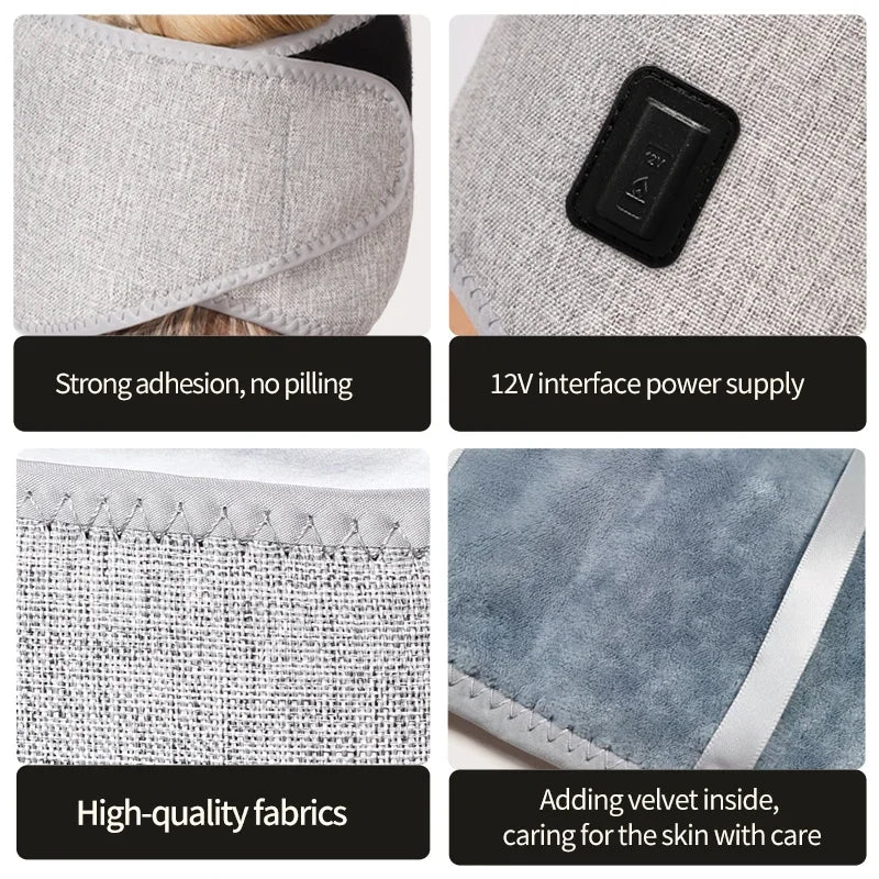 Gray heated headband massager with velvet lining, 12V power, adjustable fabric strap for migraine and stress relief.