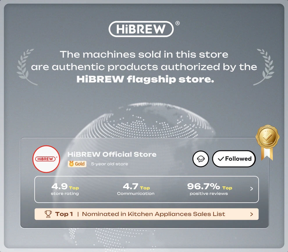 HiBREW Official Store banner showing 4.9 store rating, gold medal, and Top 1 status for kitchen coffee appliances.