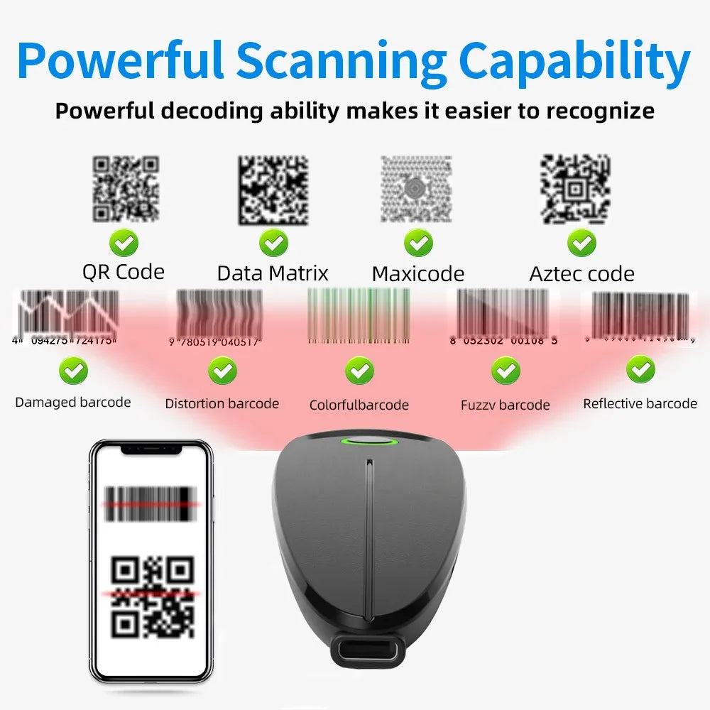 2D Barcode Scanner W7 Mini Wireless Bluetooth Handheld Portable 1D 2D QR Code Data Matrix PDF417 Reader With Storage Function