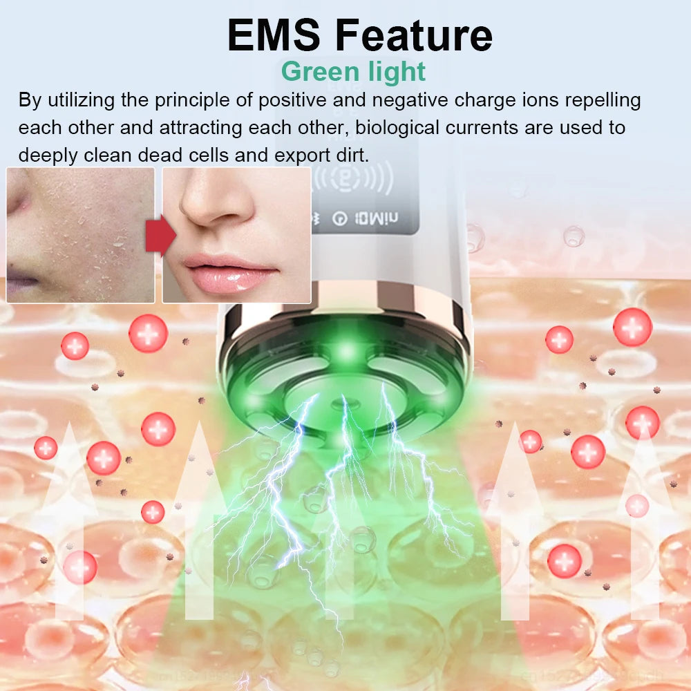 Mini HIFU EMS facial massager with green light therapy for deep pore cleansing and anti-aging skin rejuvenation.
