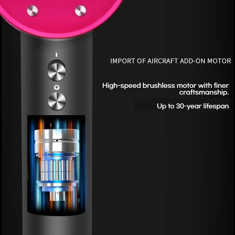 Pink and black high-speed bladeless hair dryer with powerful brushless motor and metallic control buttons.