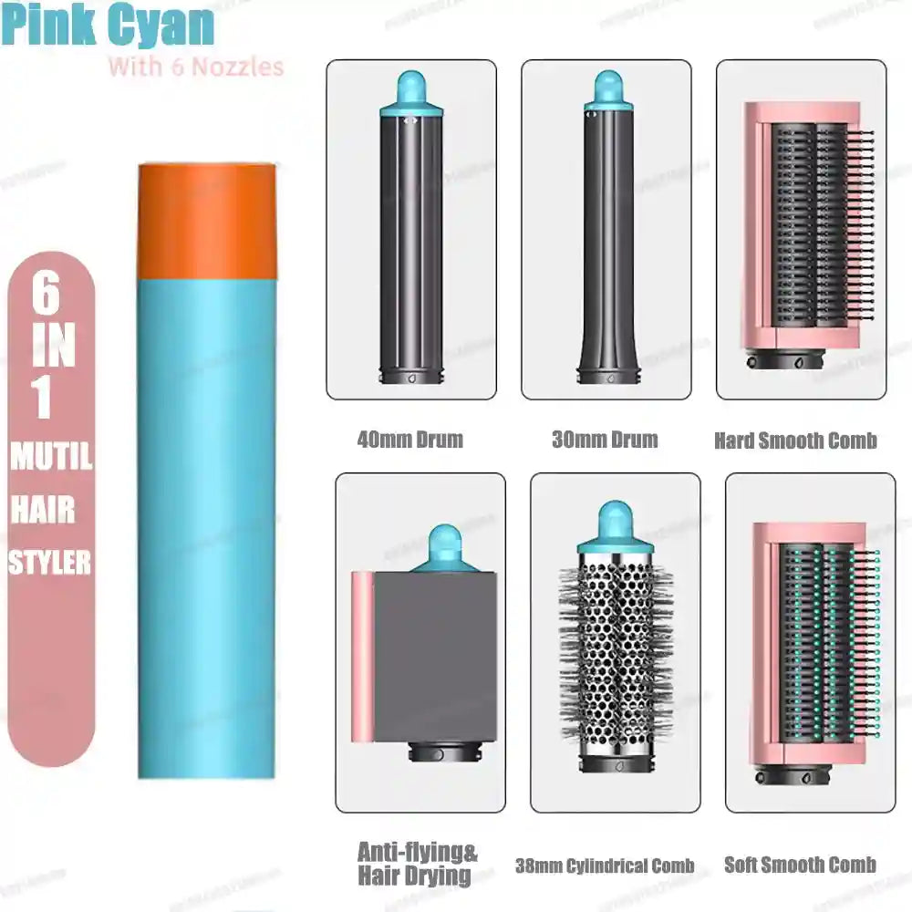 6-in-1 pink and cyan hair styler set with auto-curling barrels, hot air brush, and smoothing attachments for styling.
