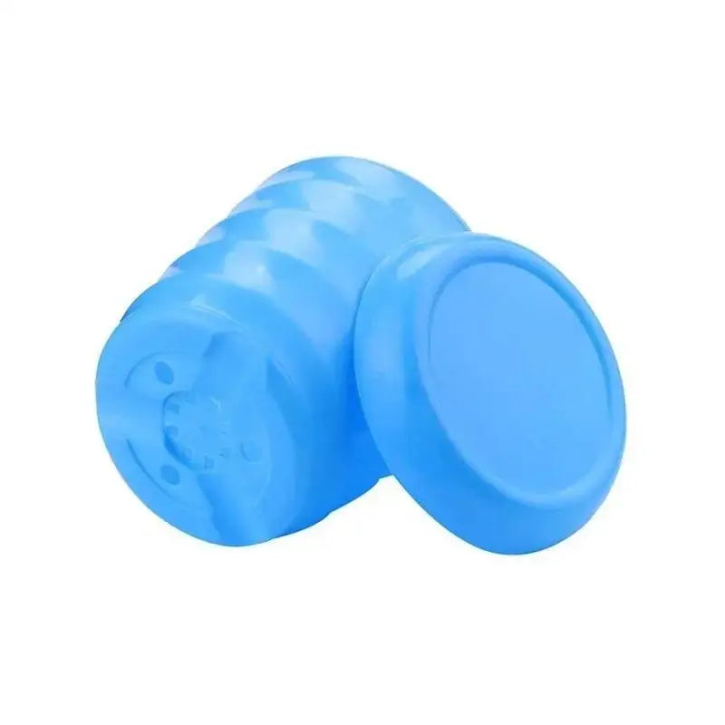 Blue plastic flower pot with matching saucer, compact size