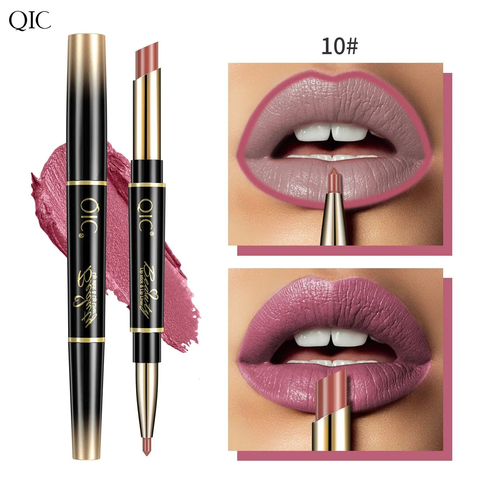 QIC 2-in-1 waterproof matte lipstick and lip liner pencil in a long-lasting nude mauve shade for defined lips.