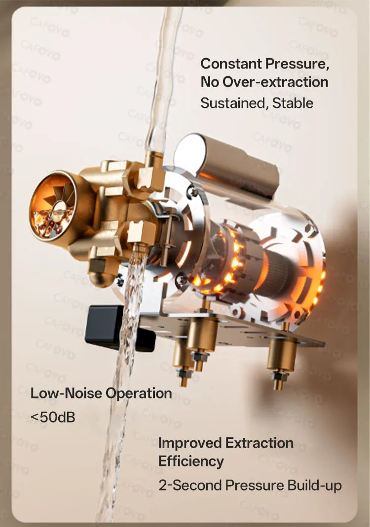Cafovo espresso machine internal pump with brass and metal components for low-noise, high-pressure water extraction.