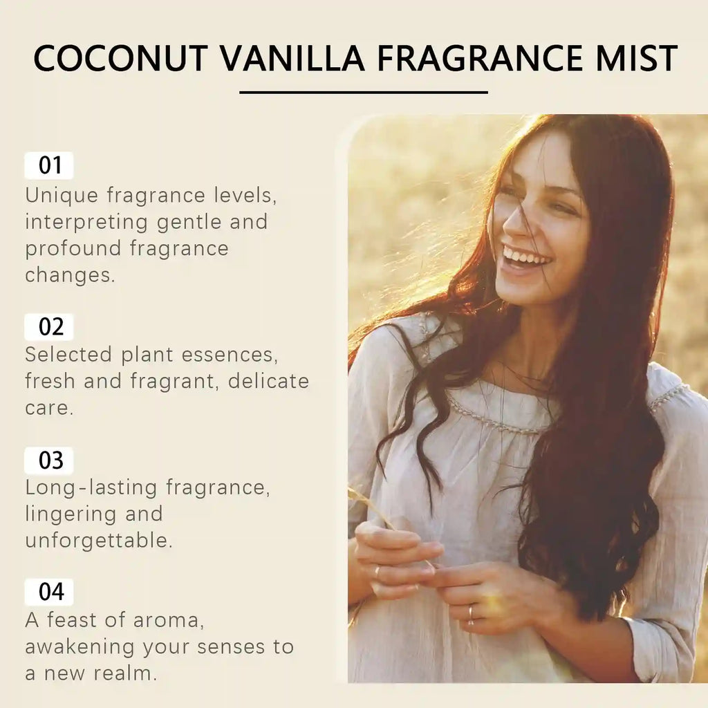 Coconut Vanilla romantic body mist, a fresh, long-lasting niche fragrance for women in a portable, elegant spray bottle.