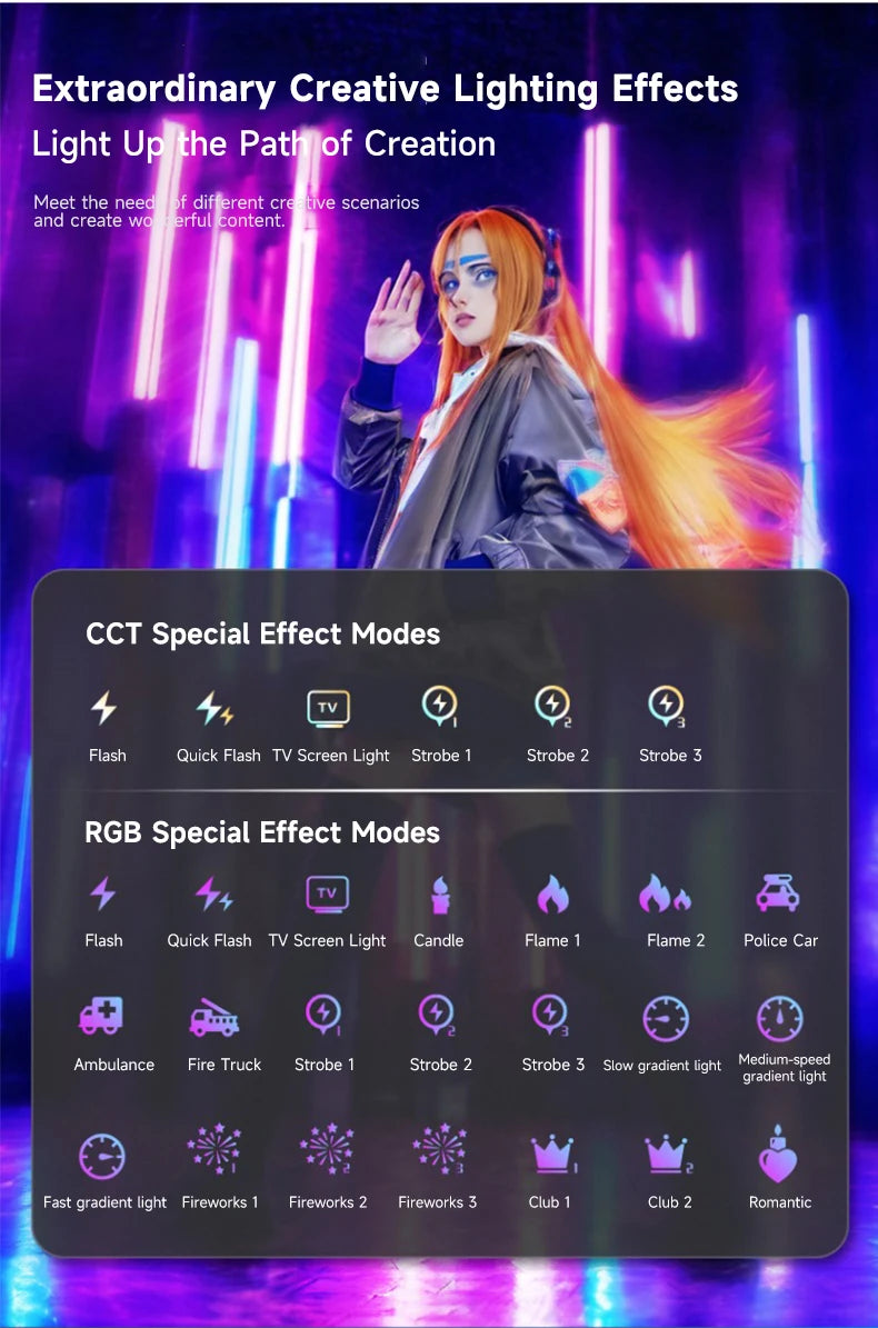 LED video light control panel displaying CCT and RGB special effect modes including strobe, fire, and gradient settings.