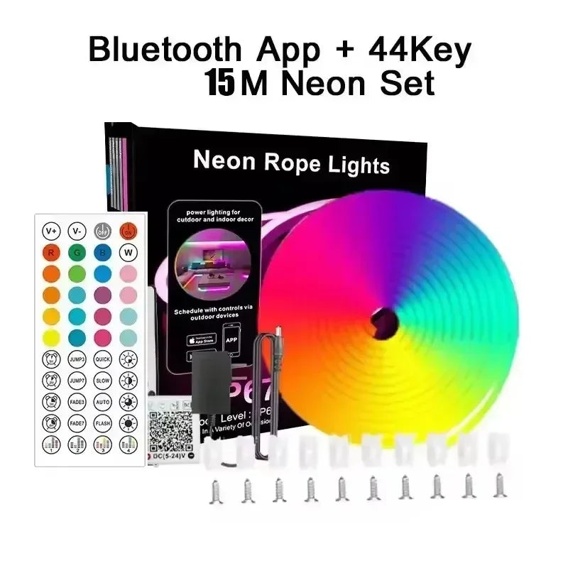 Bluetooth app neon rope light kit, 15m RGB LED strip with remote and mounting screws
