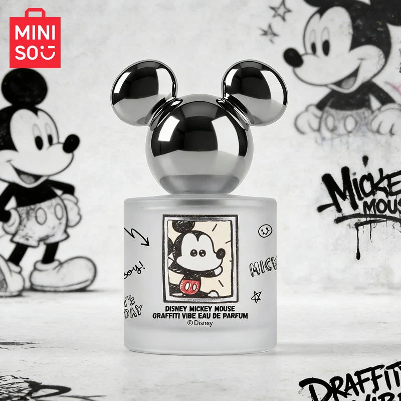 MINISO Disney Mickey Mouse Graffiti Vibe Eau de Parfum 50ml, luxury floral spray bottle with iconic ears for women.