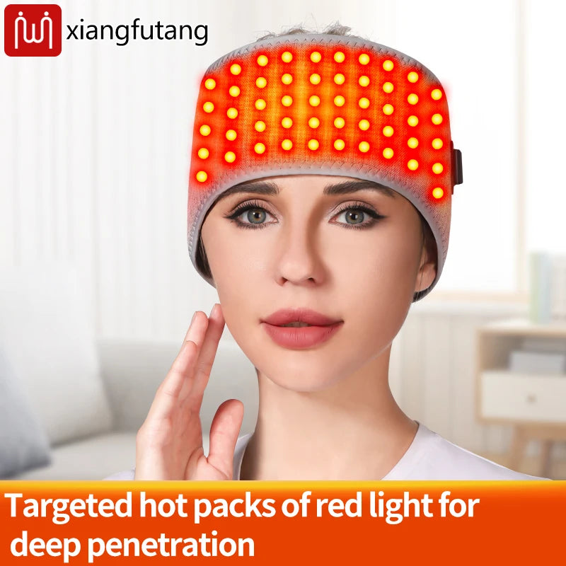 Unisex heated red light therapy headband for migraine relief, stress reduction, and massage with 3 heat settings.