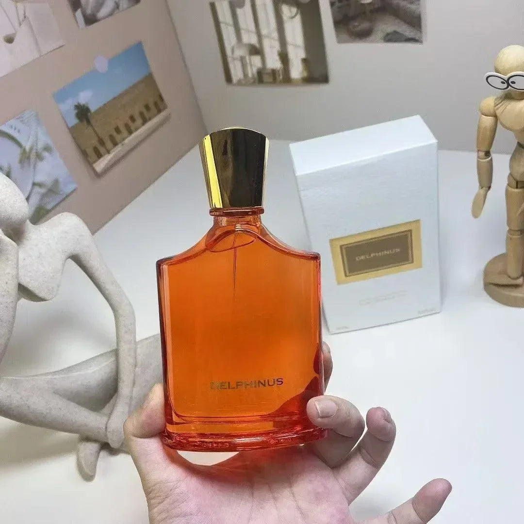 Delphinus 100ml Parfum for men, orange glass bottle with gold cap, fruity floral long-lasting cologne, Napoleon's Water.