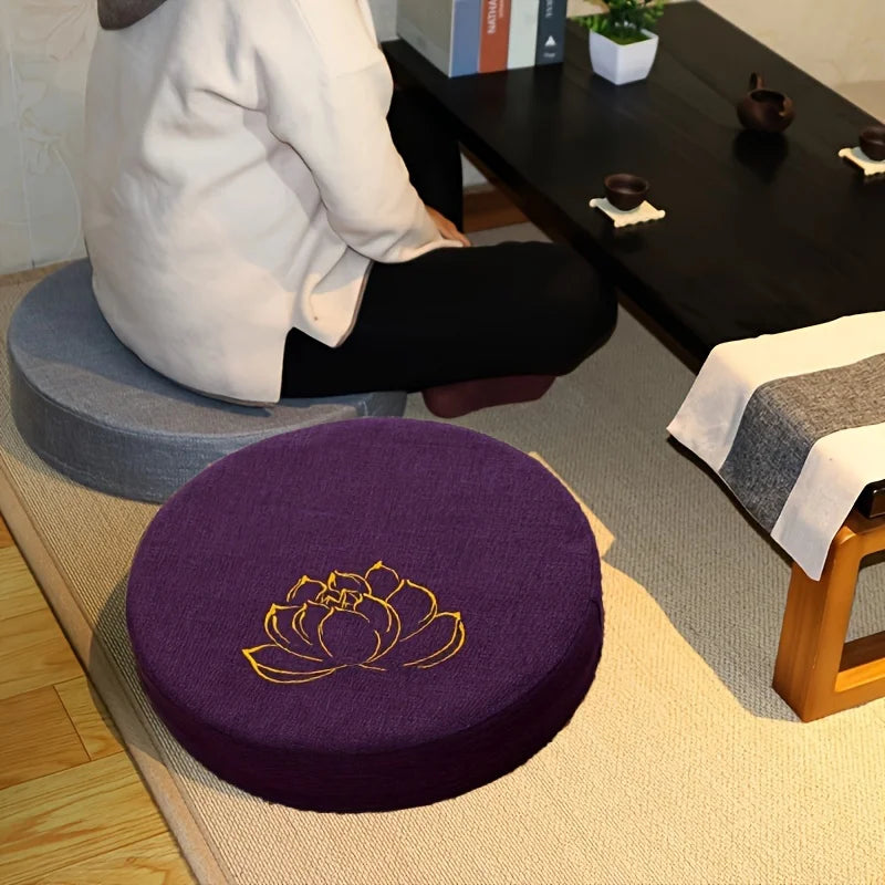 Handmade Embroidered Round Meditation Cushion Linen Yoga Seat with Foam Cotton Filling Non Slip Prayer Pillow