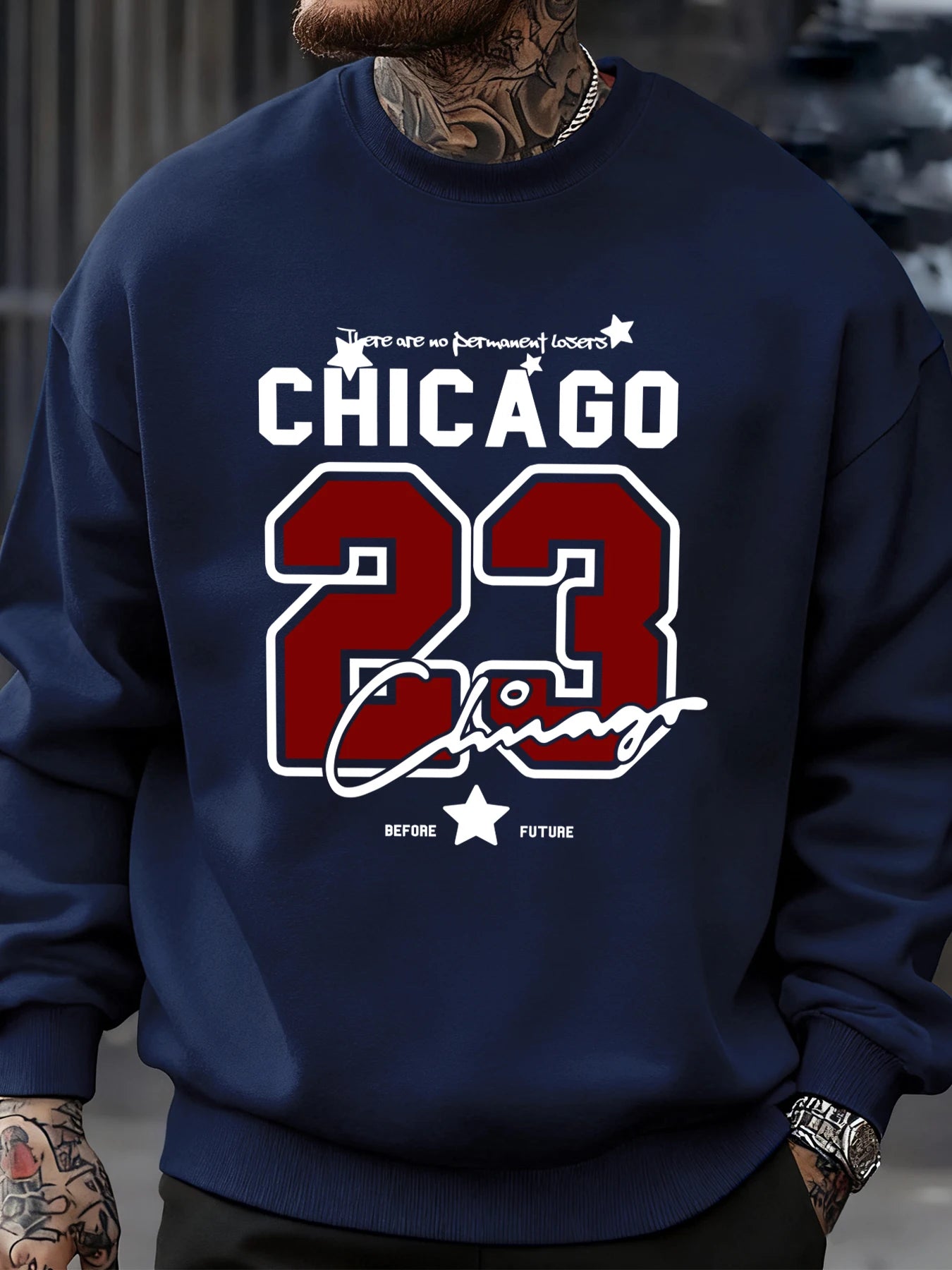 Navy blue fleece crewneck sweatshirt with graphic Chicago 23 jersey-style print in red and white on the chest.