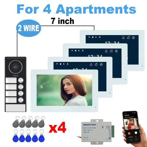 2-wire video intercom kit for 4 apartments with 7-inch touch monitors and door unit