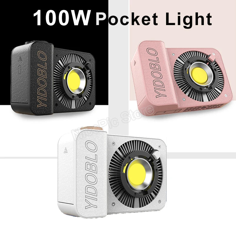 Three 100W compact rectangular LED pocket lights in black, pink, and white with central circular cooling fans.