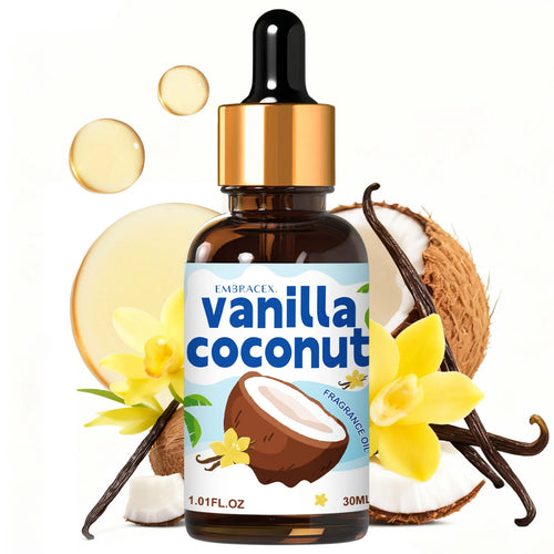 Vanilla Coconut fragrance oil in an amber bottle with a gold dropper for aromatherapy and wellness.
