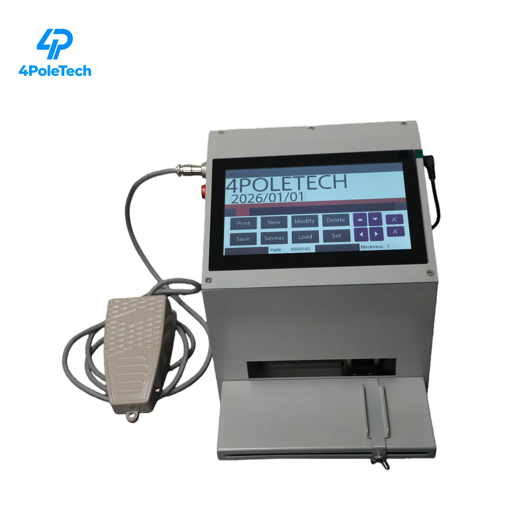 Desktop inkjet coding printer with 7-inch touchscreen, external foot pedal, and ink module