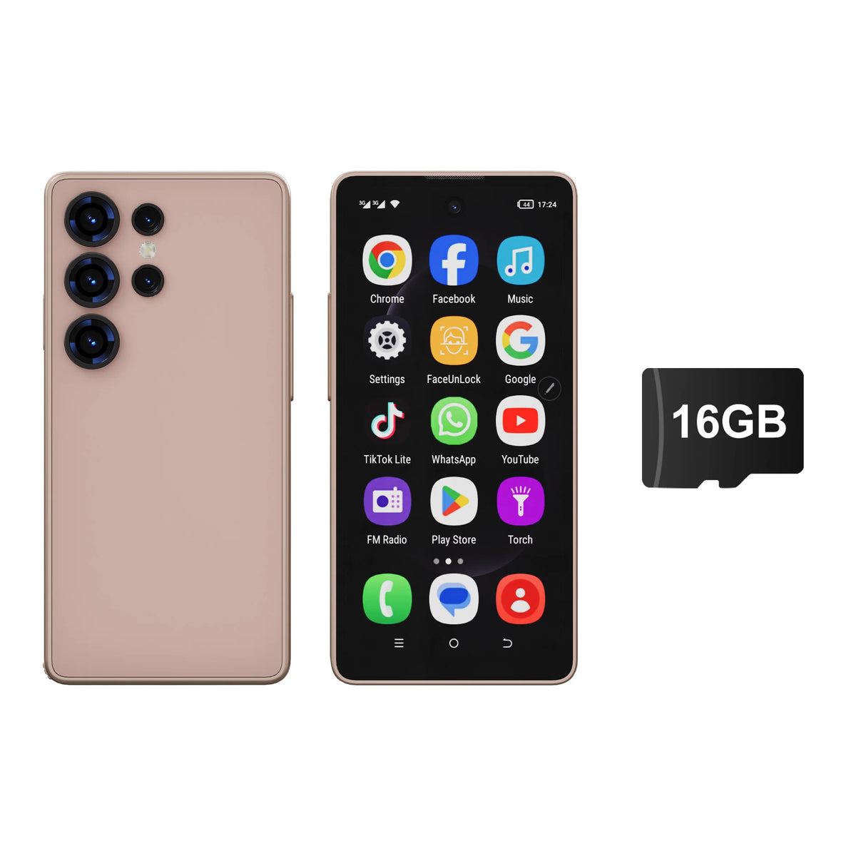 SERVO Mini Android smartphone with built-in stylus, pink back and front, 16GB shown