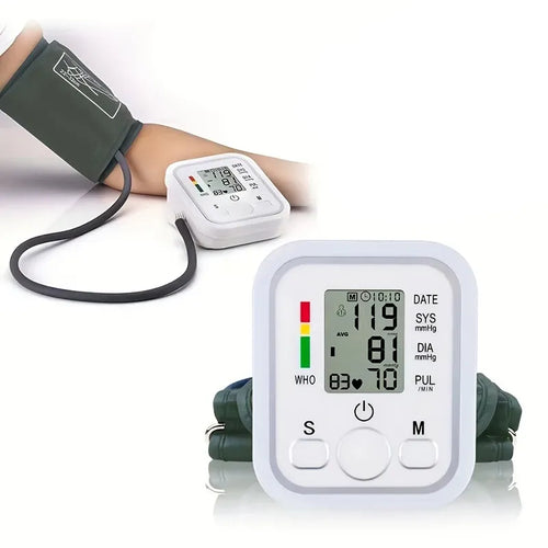 White digital arm blood pressure monitor with green cuff and clear display for wellness health tracking.