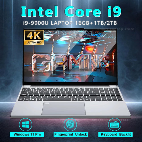 Silver 15.6-inch laptop with thin-bezel screen, black keyboard, integrated number pad, and touchpad with fingerprint icon.
