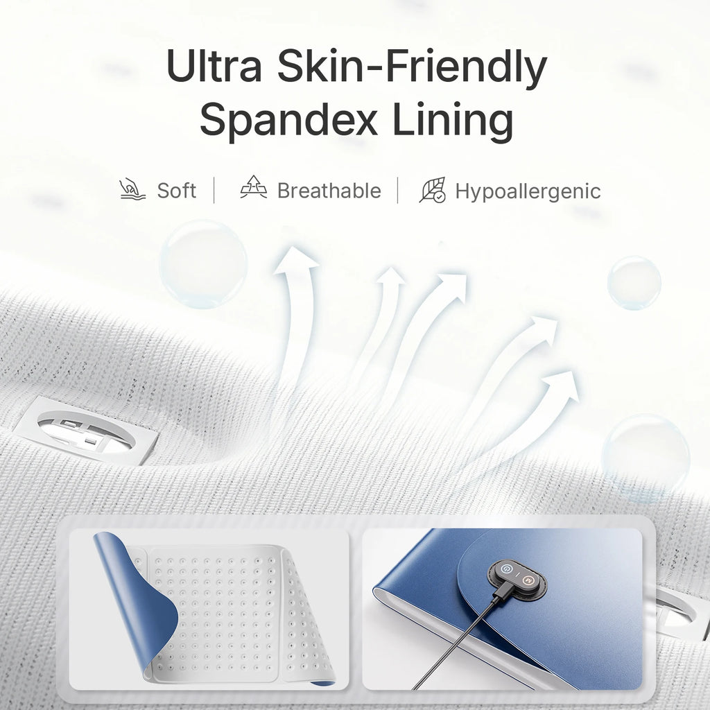 White, breathable spandex lining for a red light therapy mat, shown with product detail insets of a blue exterior.