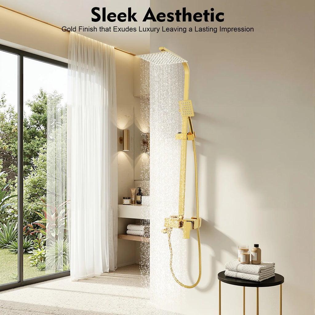 Adjustable Gold Brass Shower Column Set, Rain Shower & Handheld Shower with Stainless Steel Hose, Bathroom Shower Faucet Set