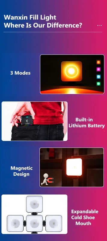 Compact square LED fill light with magnetic back, battery, color modes, and cold shoe mount for photography and video.