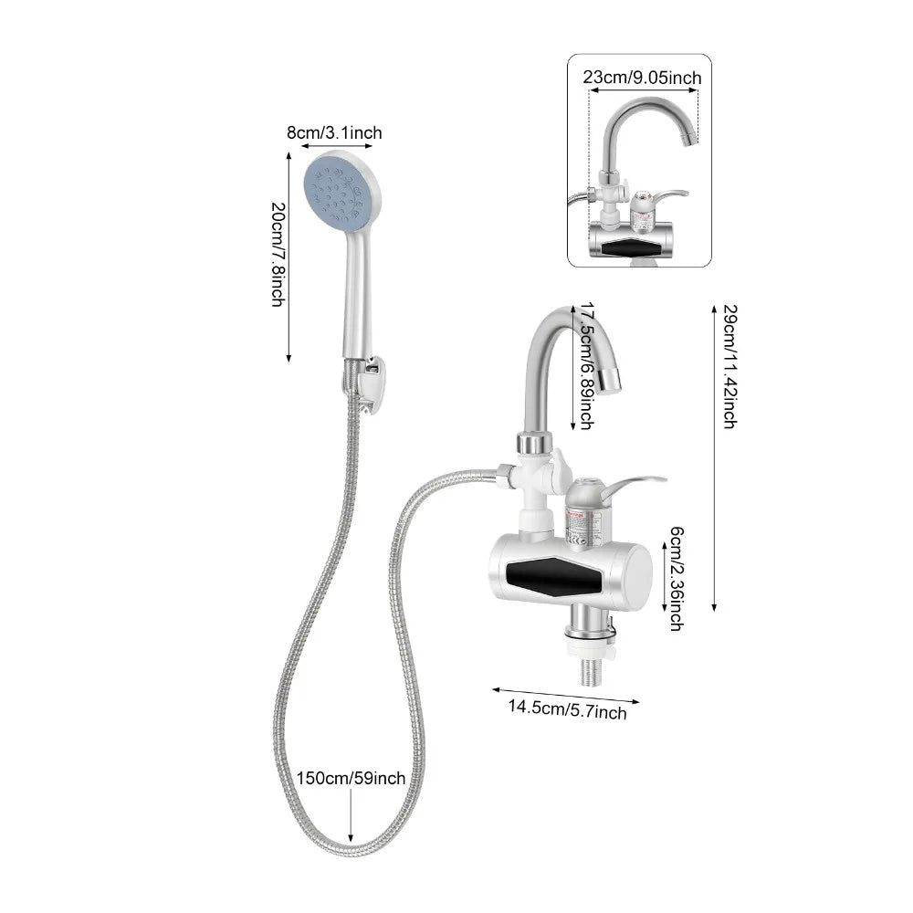 Electric Faucet, Stainless Steel Quick Heating 3000W, Kitchen Faucets with LCD Temperature Display, IPX4 Waterproof, Water Flow Control, EU Standard