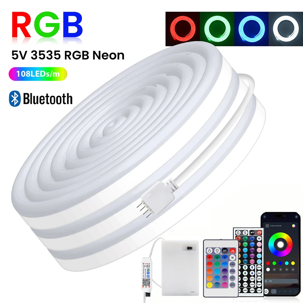 Bluetooth RGB LED Neon Strip Light 5V 3AA Battery Box 17Key 24key 44key Remote Control 108Leds/M 1M 2M 3M Waterproof Home Decor