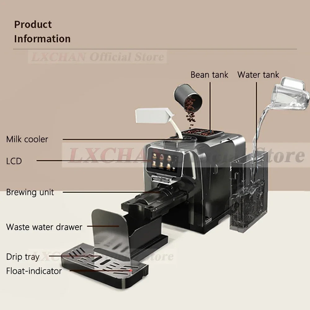 LXCHAN automatic coffee machine with LCD screen, bean and water tanks, milk cooler, and drip tray in black finish.