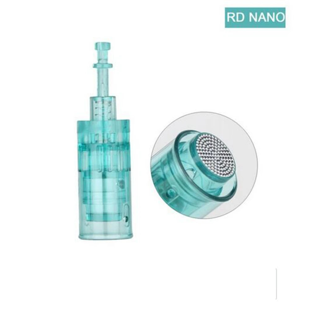 RD Nano cartridge with a translucent blue plastic body and a circular metal needle array for microneedling treatments.