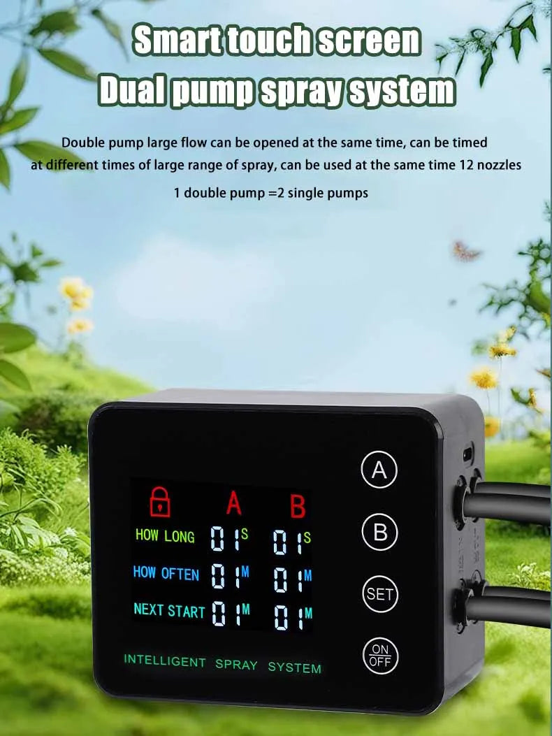 Dual pump mist spray system controller with two spray outlets and touch timer screen