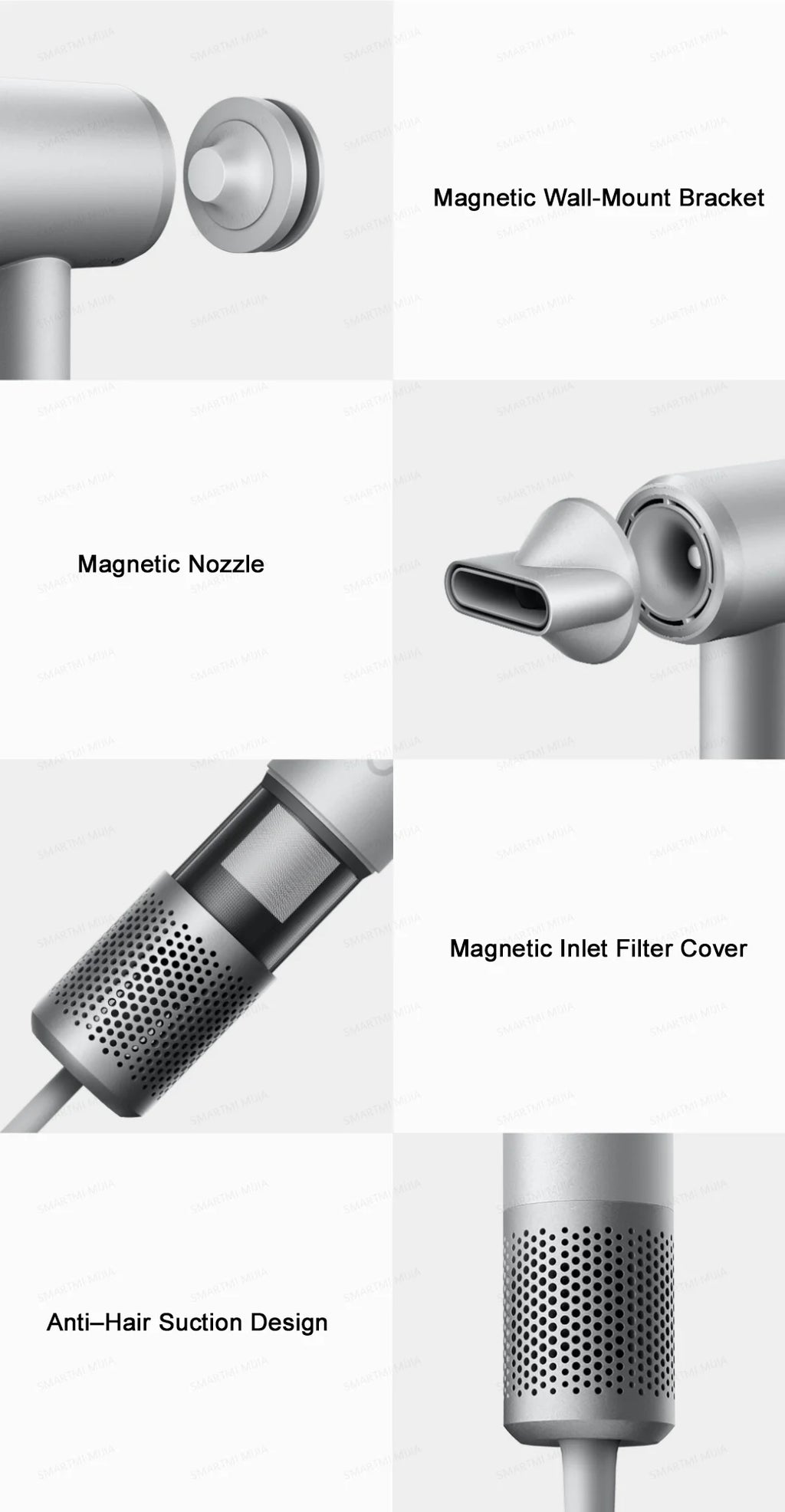 Silver MIJIA High-Speed Hair Dryer Pro with magnetic nozzle, wall mount, and anti-hair suction filter design.
